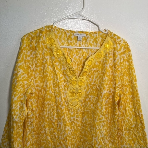 Charter Club Split Neck Tunic Top Yellow White Beaded - Picture 2 of 11
